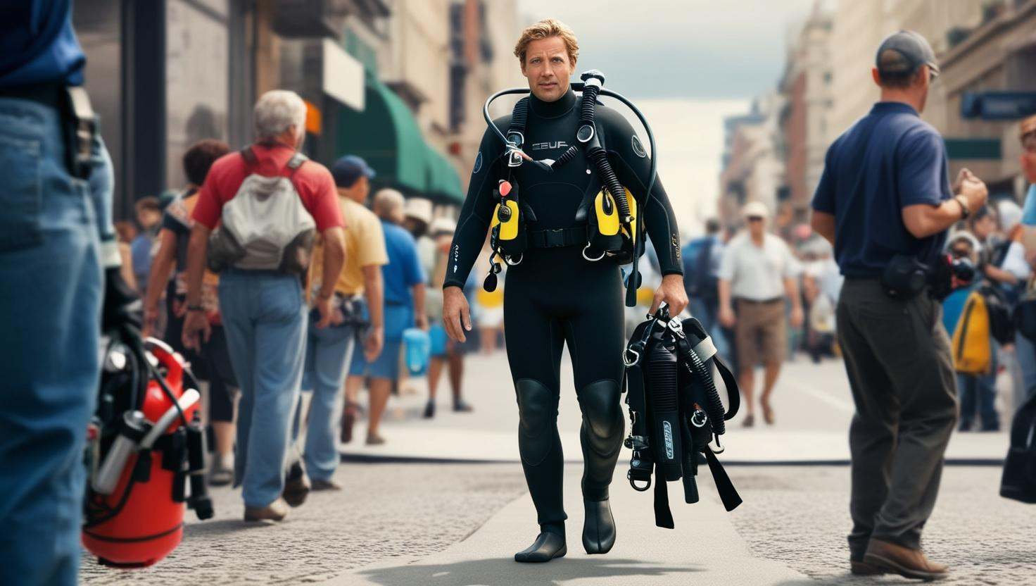 Scuba Diver in the City Scuba diver walking in the city